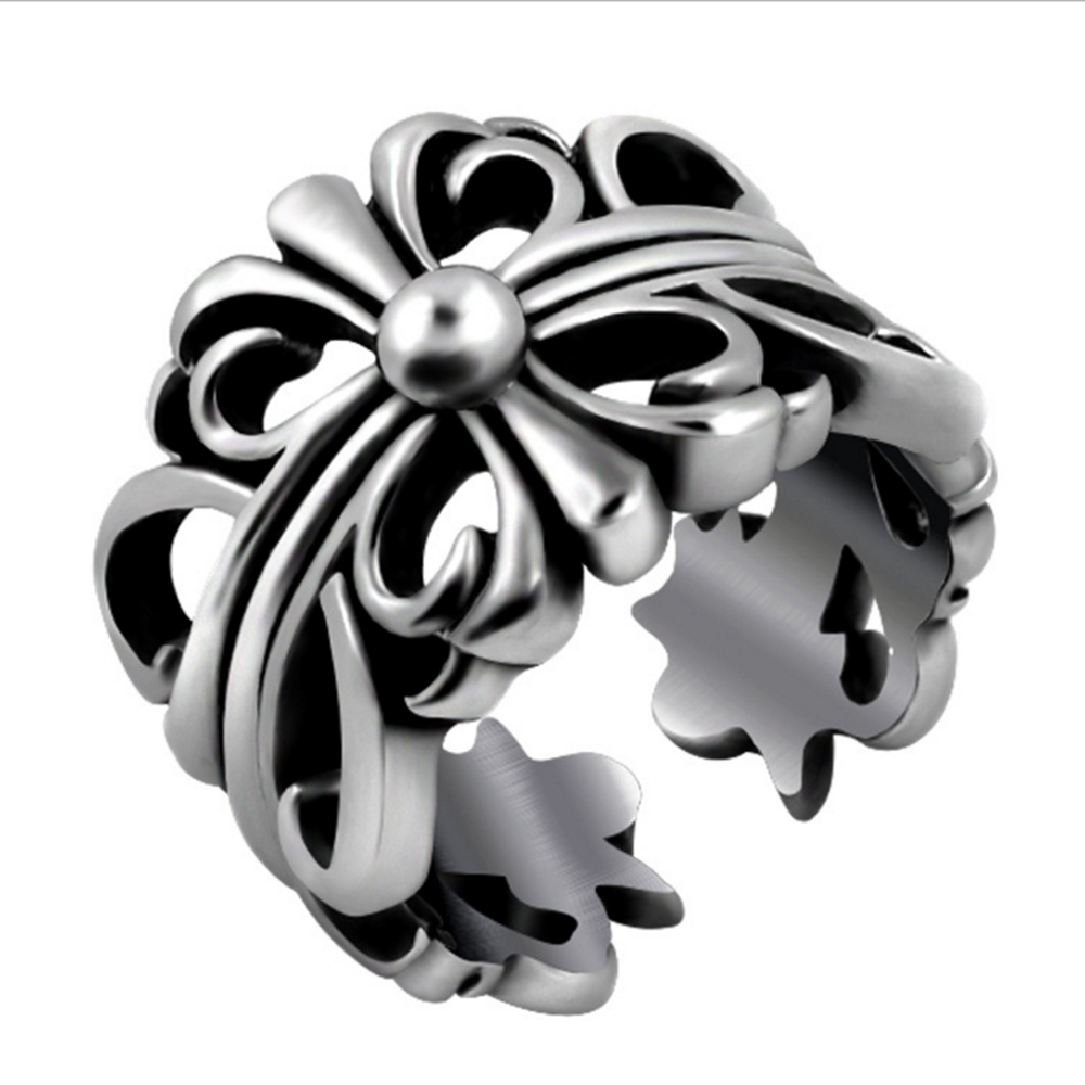 Retro double Hollow Cross Appendix Flowers Men and women grams index finger Ring Ring Titanium steel Jewelry