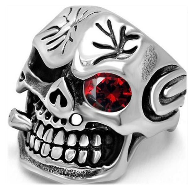 Red Diamond Monocular skull head stainless steel ring