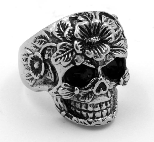 Flower stainless steel skull head ring