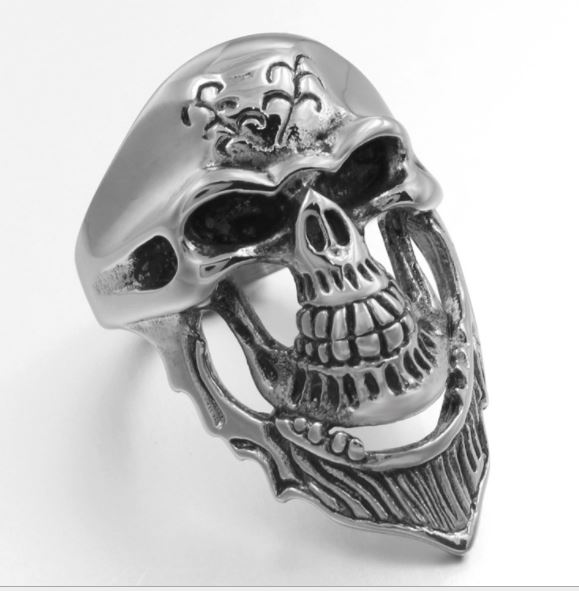 316L stainless steel with long beard pattern skull ring
