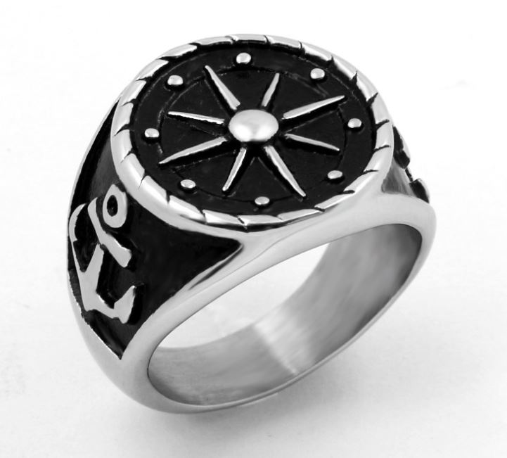 Fashion Retro clock pattern titanium steel ring trend personality side ship anchor punk ring