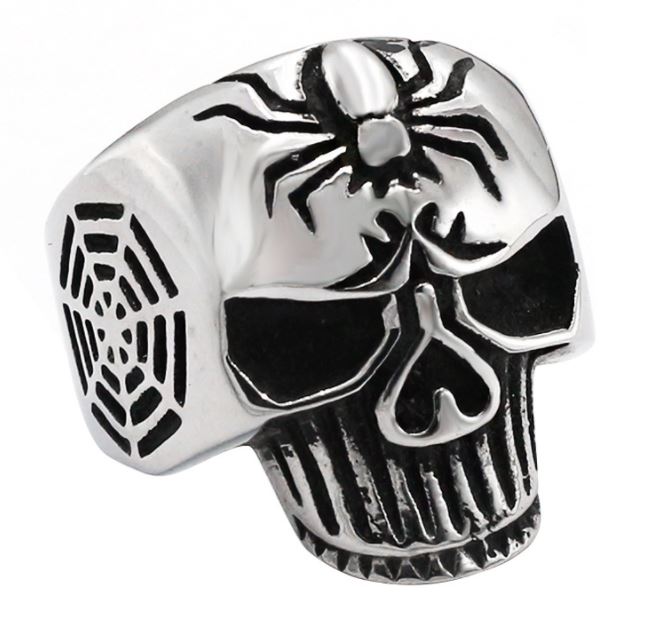 Spider web skull head stainless steel ring