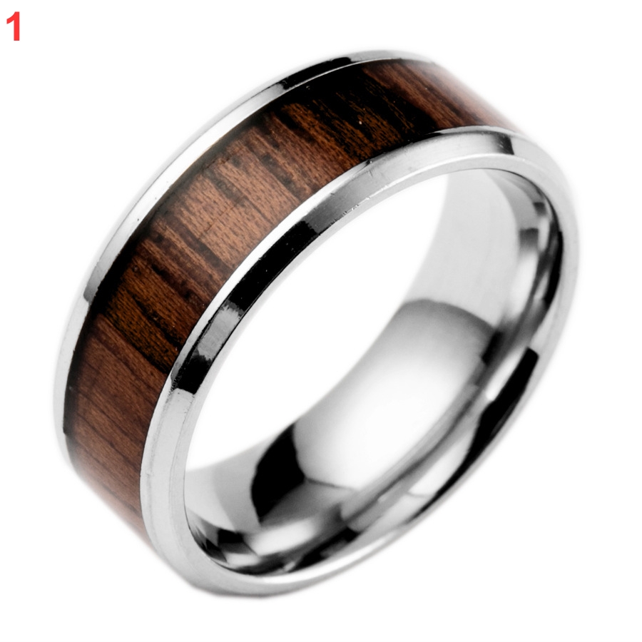 Popular fashion inlaid teak titanium steel ring