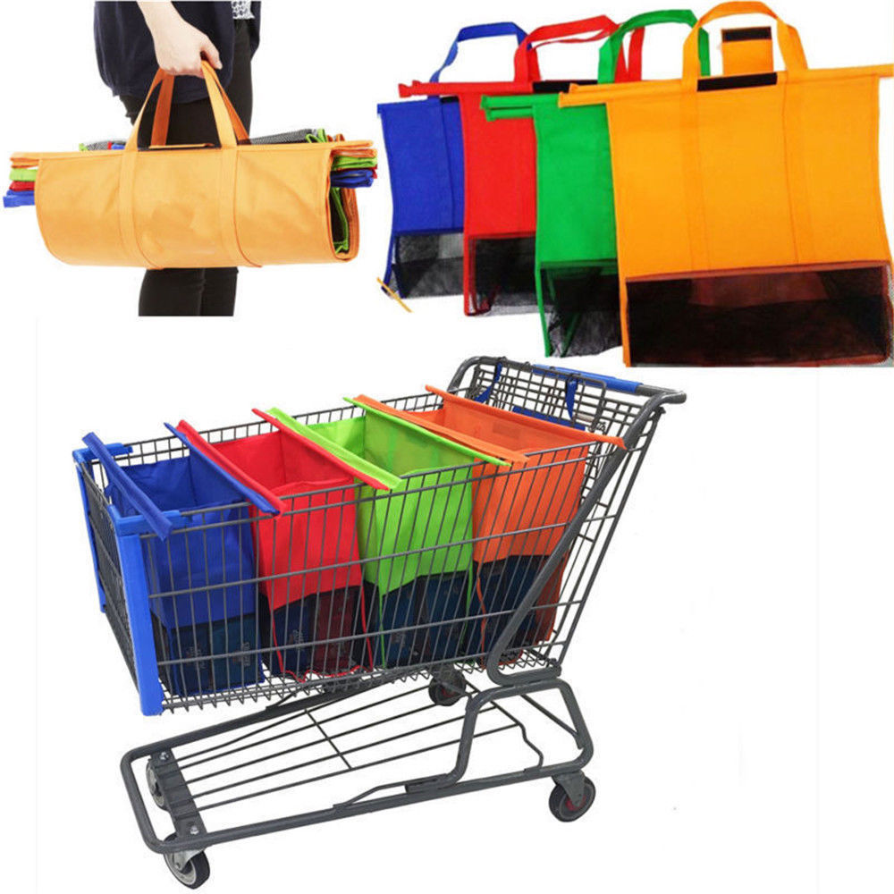 Reusable Shopping Bags Eco Foldable Trolley Tote Grocery Cart Storage - Set of 4
