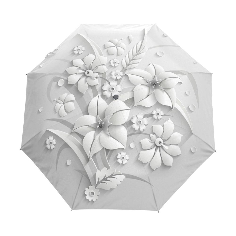 Outdoor Travel Anti UV Full Automatic White 3d printing flower Umbrella 3 Folding Umbrella Rain Women girl