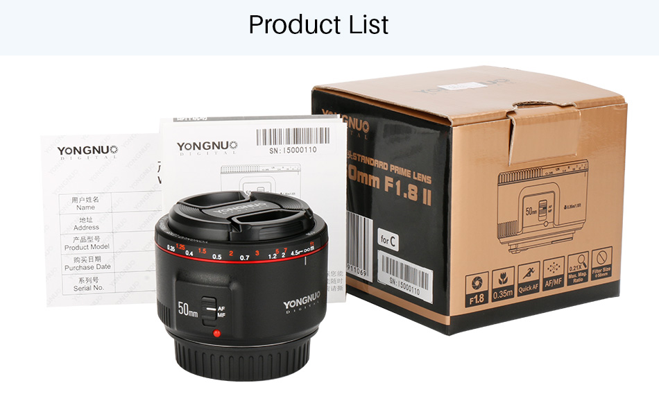 YONGNUO YN50mm F1.8 II Large Aperture Auto Focus Lens for Canon Bokeh Effect Camera Lens for Canon EOS 70D 5D2 5D3 600D DSLR