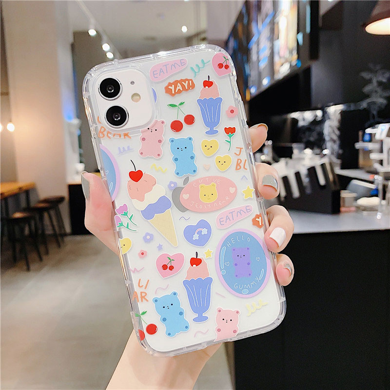 Mobile cell phone case cover for APPLE iPhone 12 Mini Cartoon Bear Soft TPU Cute Letters Clear Back Cover Coque 