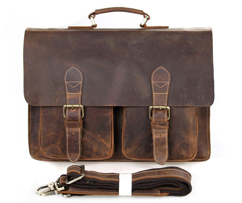 14 14.1 Crazy Horse Leather Portfolio Male Briefcase Messenger Bags 14' Laptop Shoulder Bag Mens Office Bags#