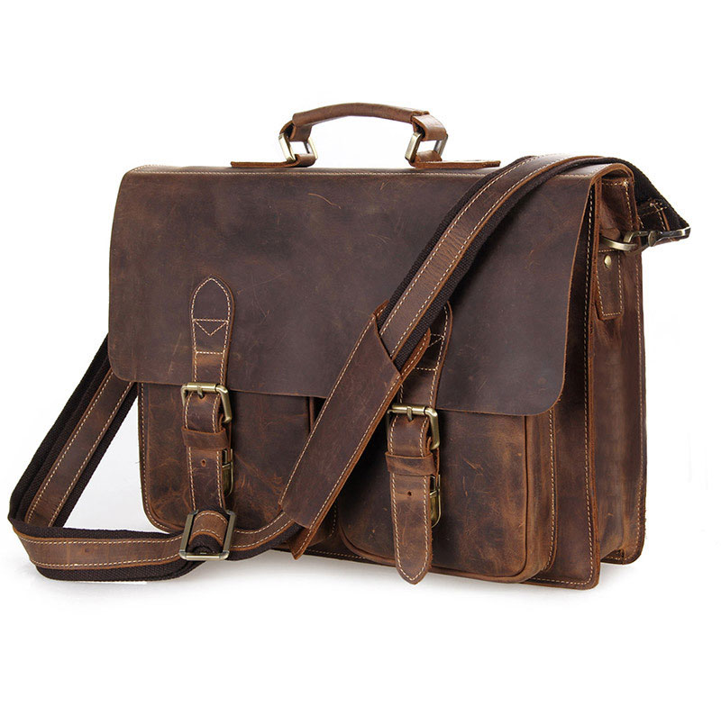 14 14.1 Crazy Horse Leather Portfolio Male Briefcase Messenger Bags 14' Laptop Shoulder Bag Mens Office Bags#