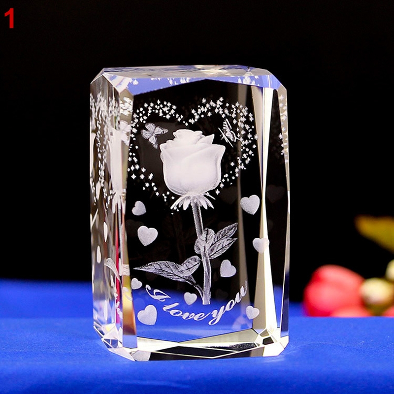 Crystal engraved Gifts 3D Rose Flower Colorful LED Led table Lamps girls bedside lamp 3D Laser engraved crystal cube