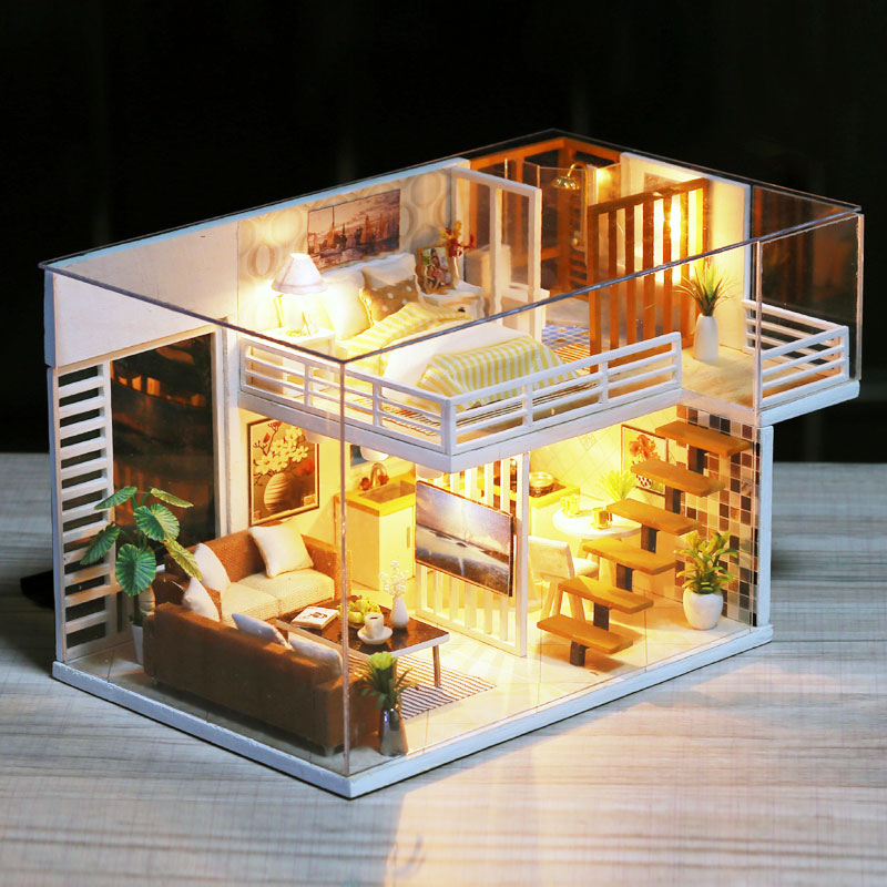 Assemble DIY Doll House Toy Wooden Miniatura Doll Houses Miniature Dollhouse Toys With Furniture Dust Cover LED Birthday Gift